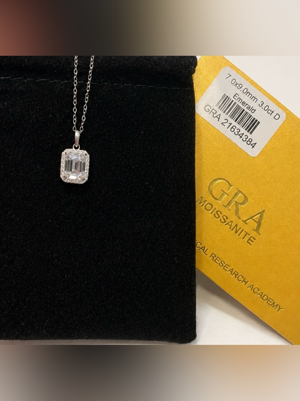 Sterling Silver 3 CT Moissanite Emerald-Cut Halo Pendant Necklace - White